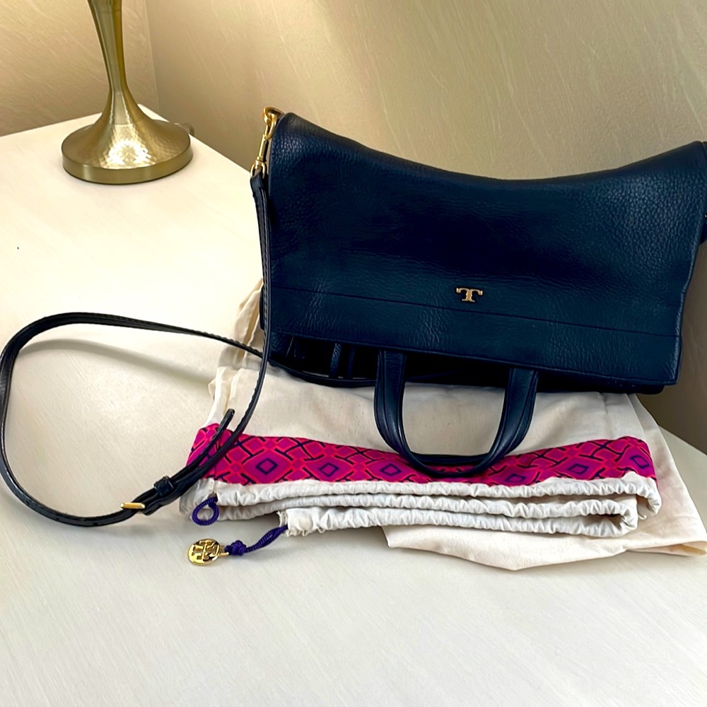 Tory Burch Half Moon Fold Over Bag - Black Leather with gold hardware